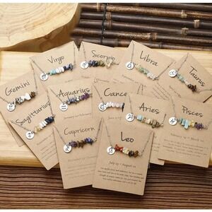 Zodiac Constellation Gemstone Necklace‎ Stainless Steel Horoscope Personal Gift